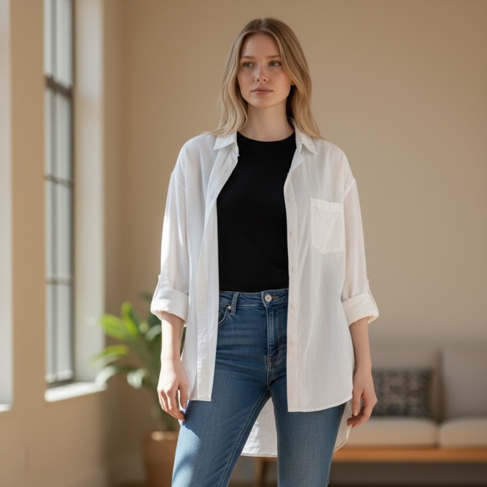 White cotton button up, long sleeve